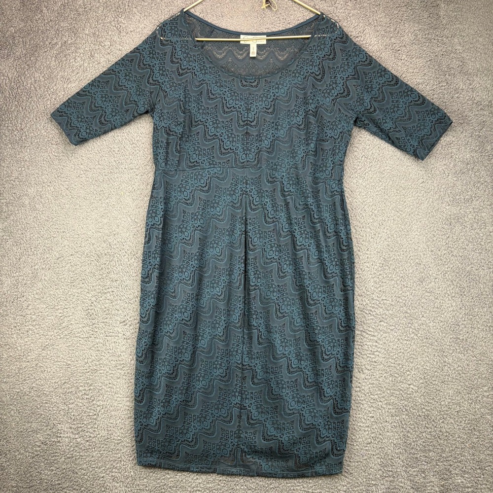 Jessica Simpson Maternity Teal Lace Chevron Sheath Dress Large L Short Sleeve